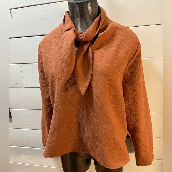 BIANCO & BLU ITALY – Terracotta Tie-Neck Blouse (M) - Picture 4 of 10